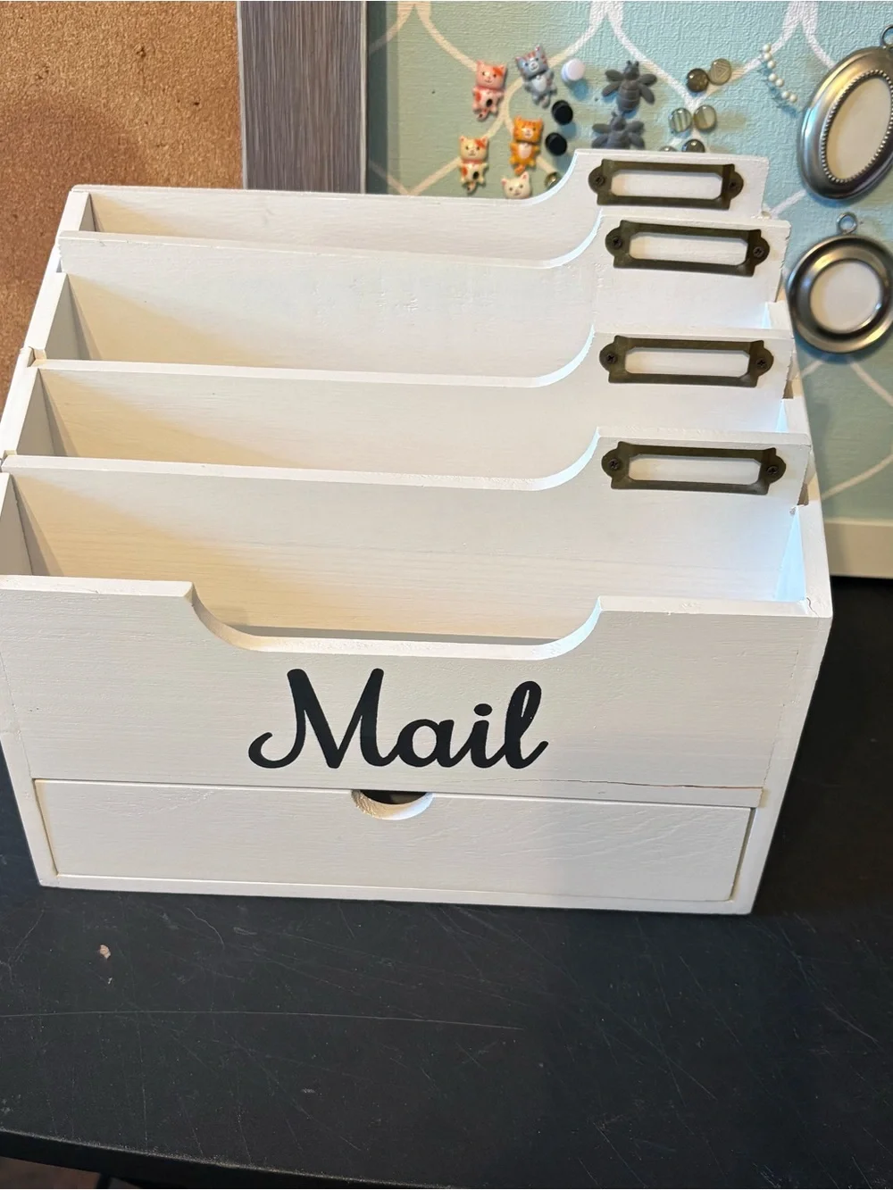 White wooden rustic mail organizer w/2 cork boards random push pins bundle